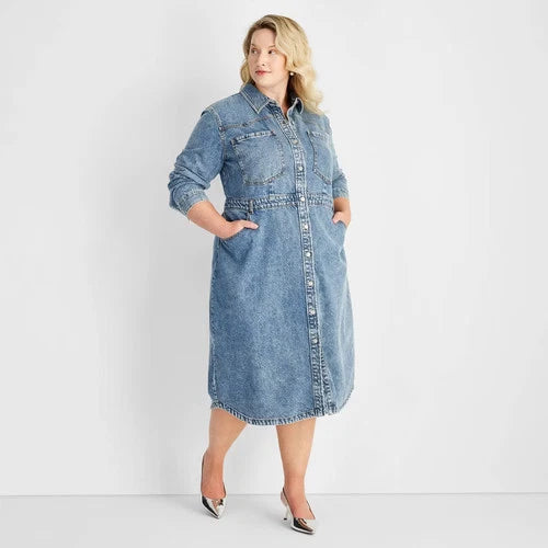 Women's Long Sleeve Denim Midi Dress - Future Collective