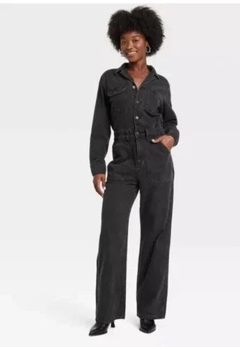 Universal Thread Womens Long Sleeve Utility Baggy Denim Jumpsuit Black Size 10