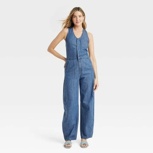 Universal Thread Women's Medium Wash Curved Leg Denim Jumpsuit Overall Size 2