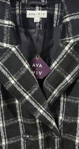 Ava & Viv Women's 4X Black & White Plaid Double Breasted Knee Length Overcoat