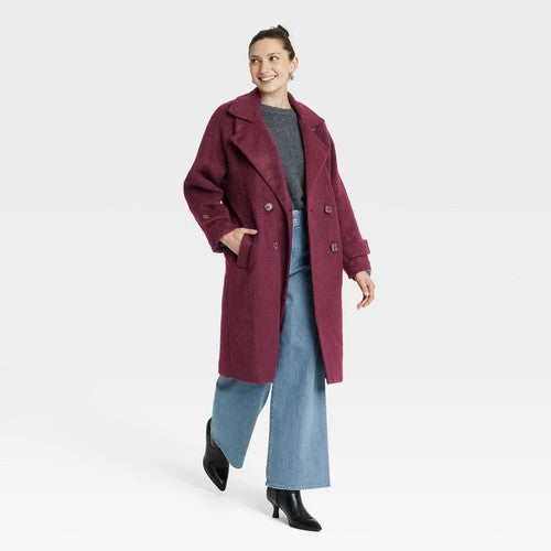Women's Double Breasted Cocoon Overcoat - Universal Thread Maroon XS
