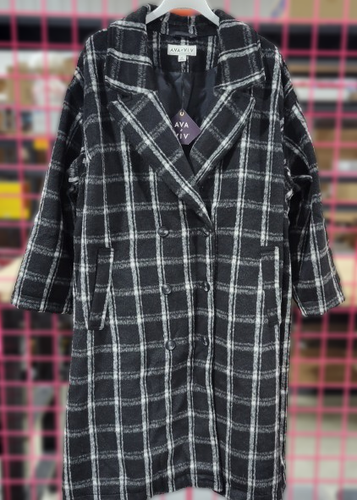 Ava & Viv Women's 4X Black & White Plaid Double Breasted Knee Length Overcoat